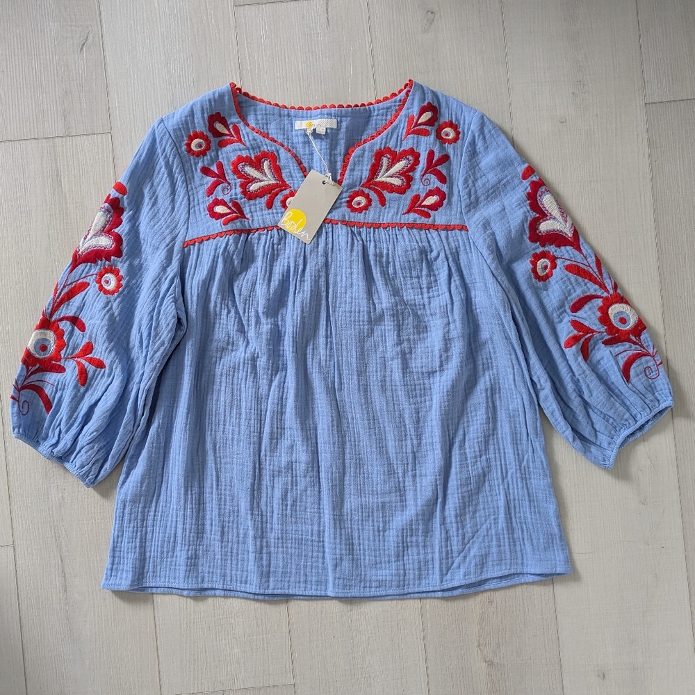 Boden Abigail Embroidered Blouse Top Gauze Floral Boho Blue Crinkle boho - Picture 5 of 11